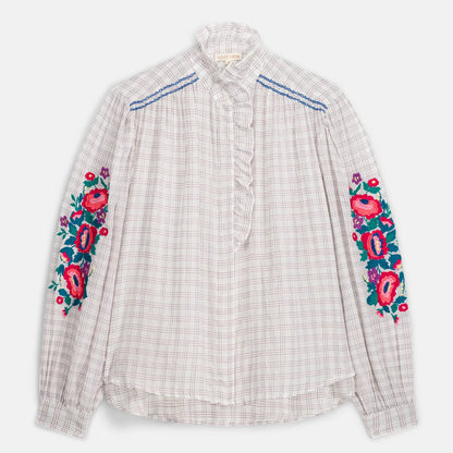 Cora Cruise Checks Shirt with Embroidery in cream by Louise Misha