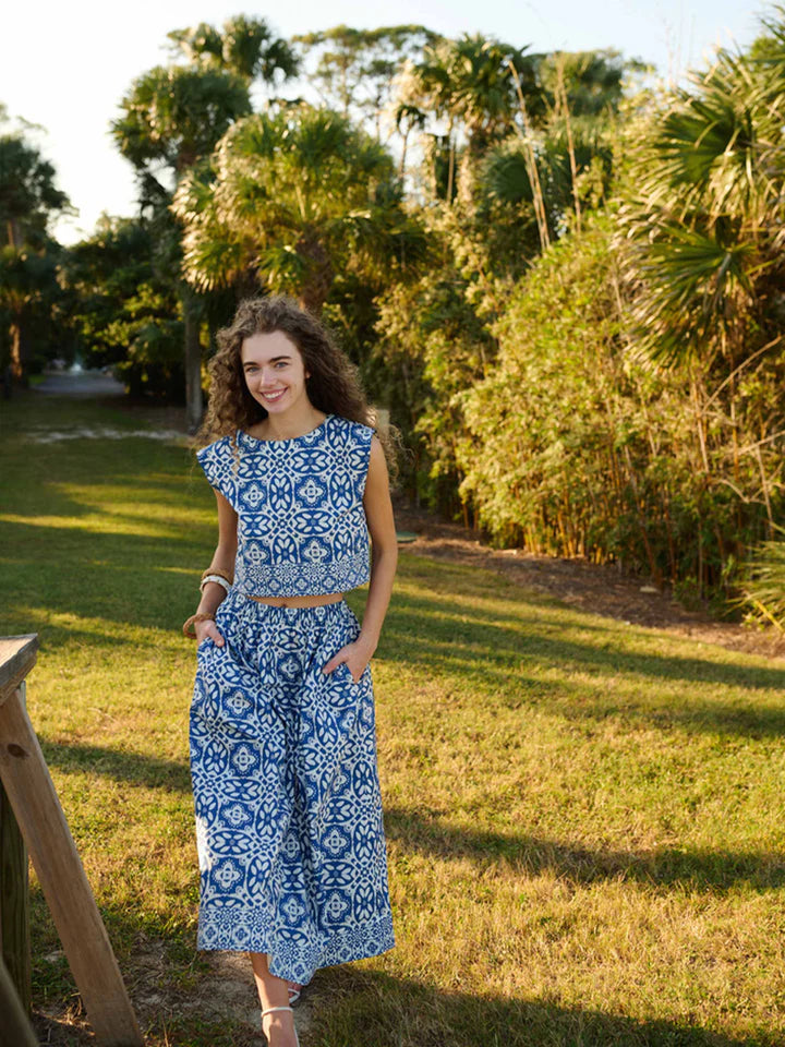 Madelyn Midi Skirt in rosetta tile navy by Brooks Avenue