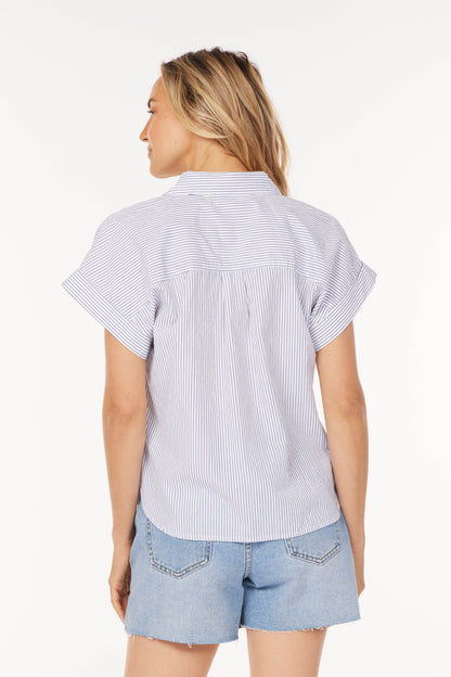 Short Sleeve Button Up Top in navy/white by Mododoc