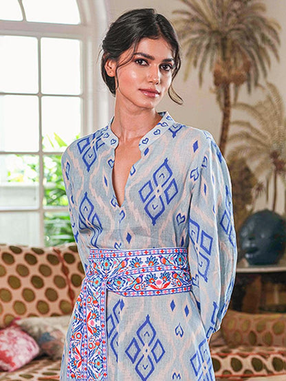 Marigold Linen Dress in ikat blue by Nimo
