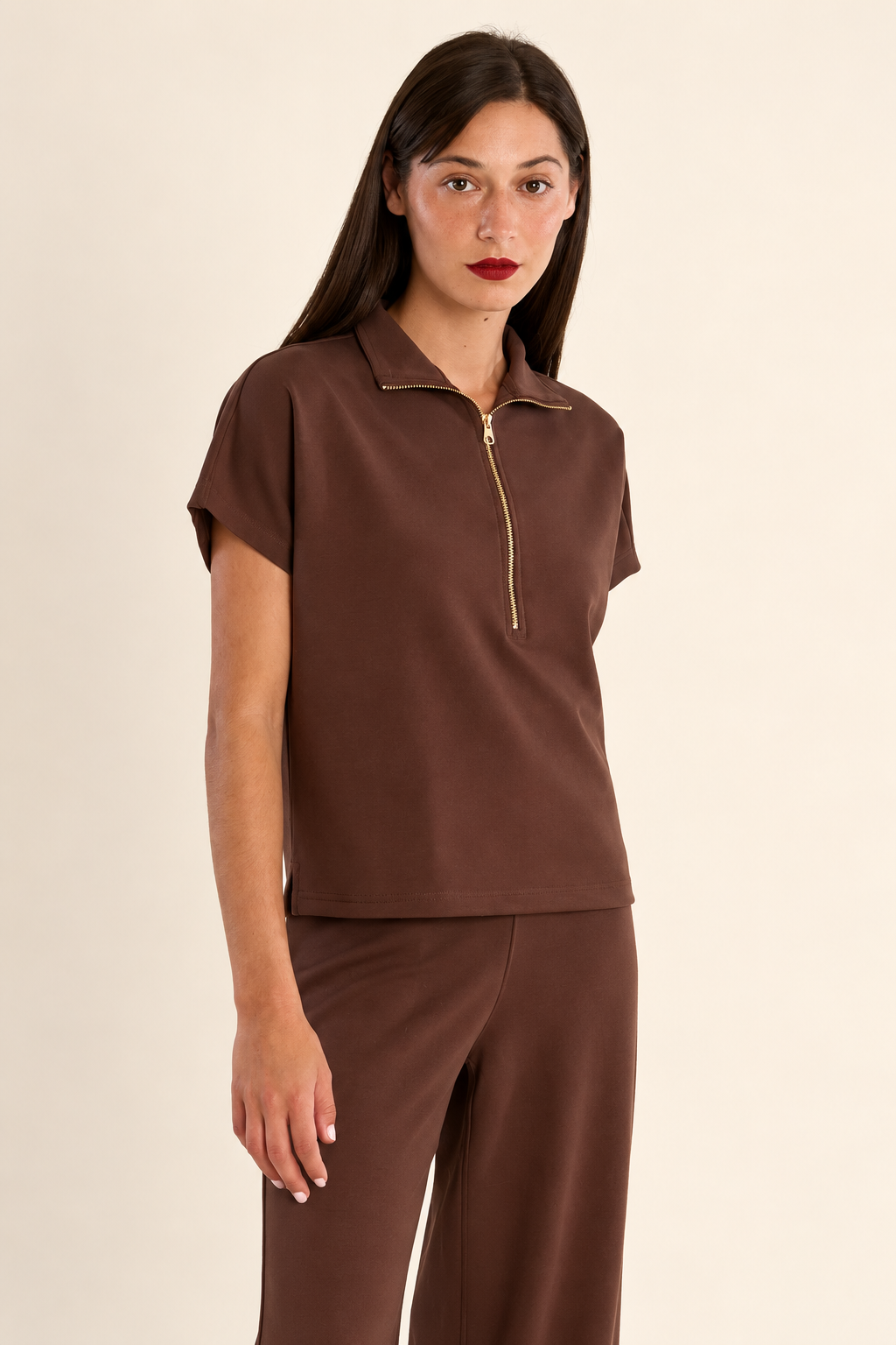Sleeveless Quarter Zip Sweatshirt in chocolate by Molly Bracken
