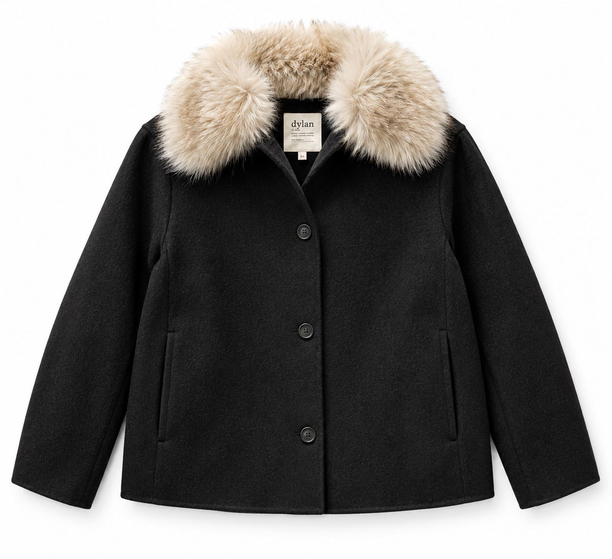 Clara Fur-Trimmed Melton Coat in black by Dylan