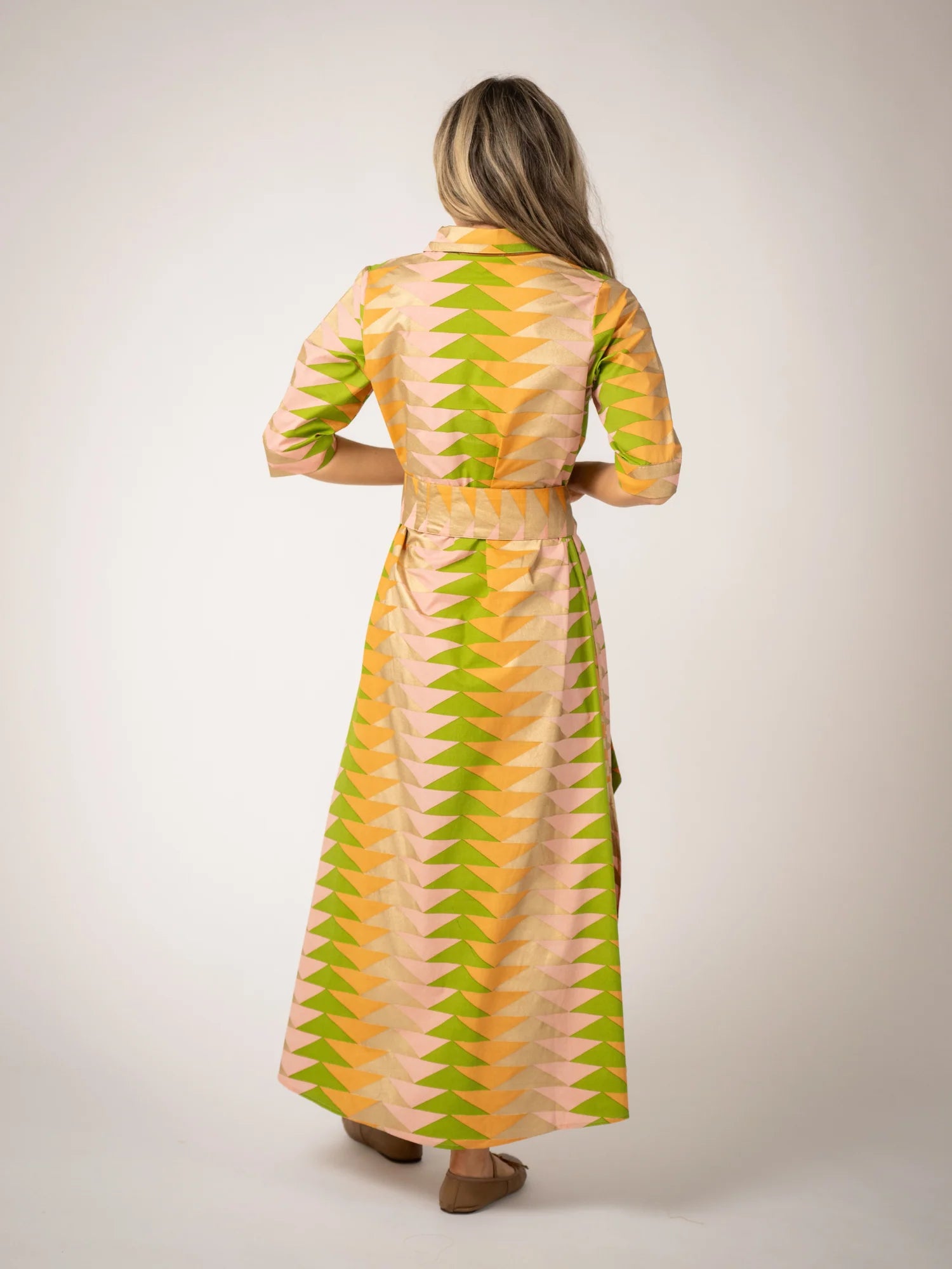 back view of model wearing printed cotton maxi dress