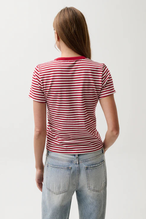 Backview of model wearing Pistola red striped shirt