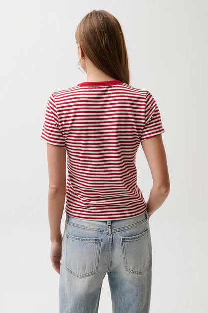 Backview of model wearing Pistola red striped shirt