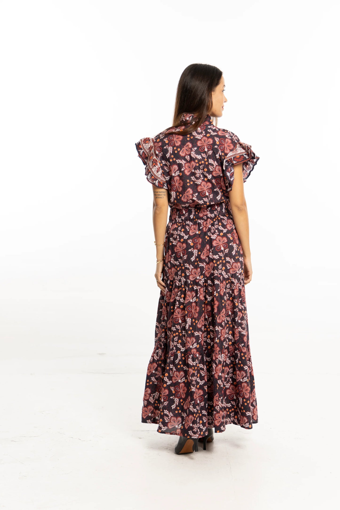 Ariana Printed Maxi Skirt in black floral by Bindu