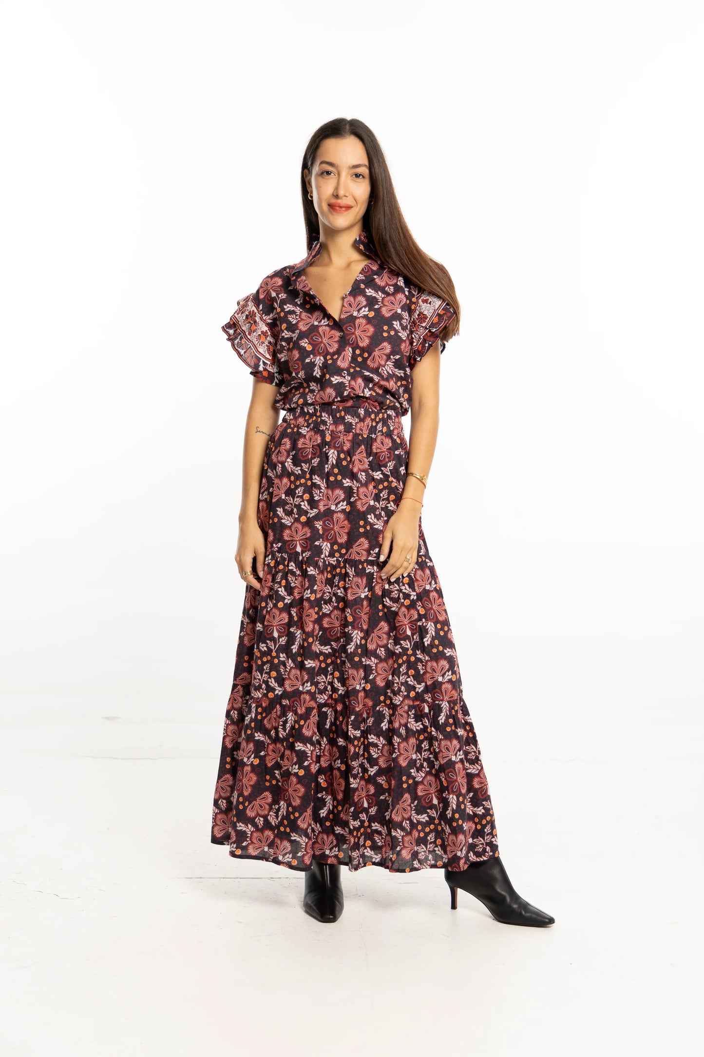 Ariana Printed Maxi Skirt in black floral by Bindu