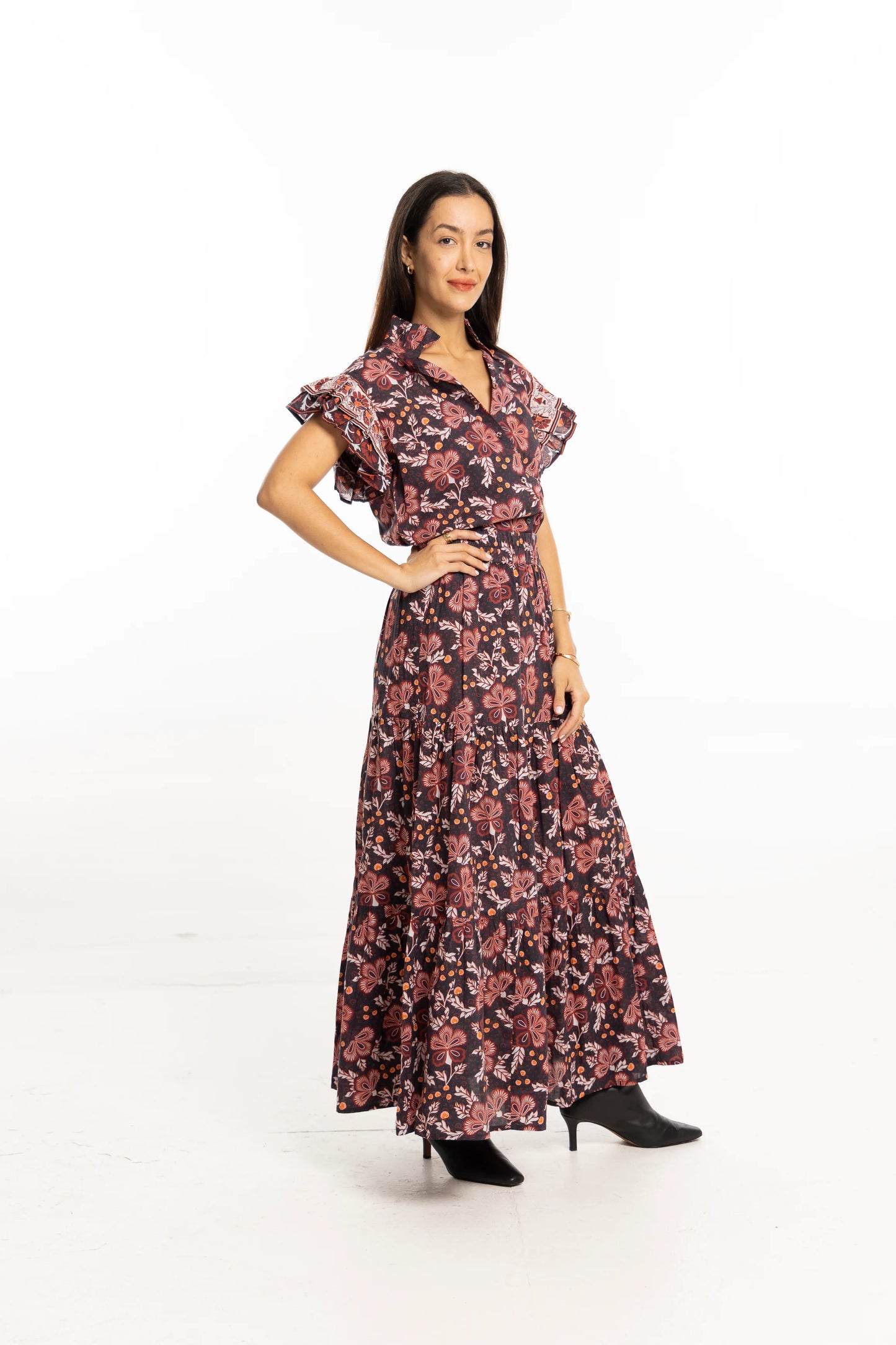 Ariana Printed Maxi Skirt in black floral by Bindu