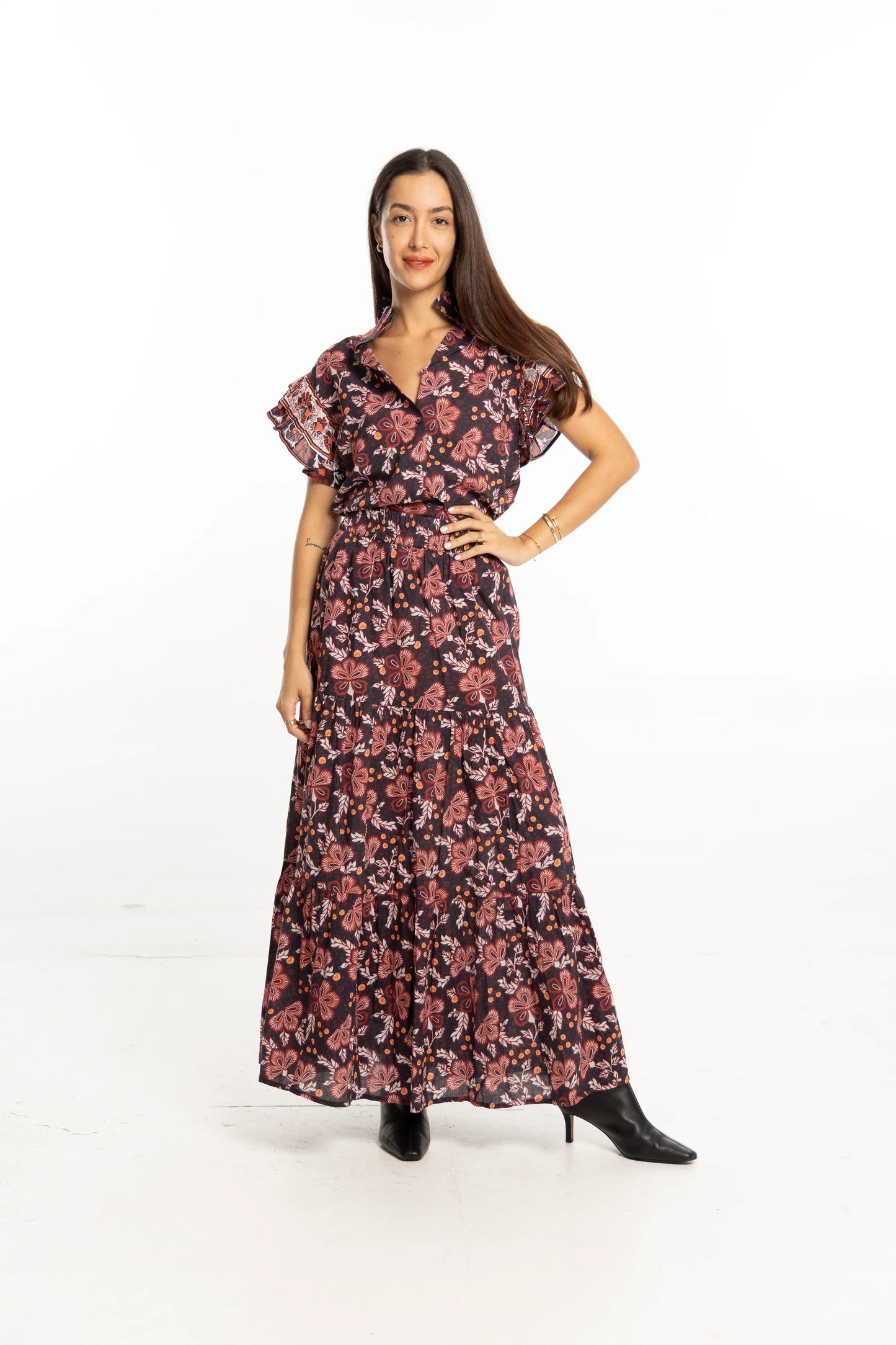 Ariana Printed Maxi Skirt in black floral by Bindu