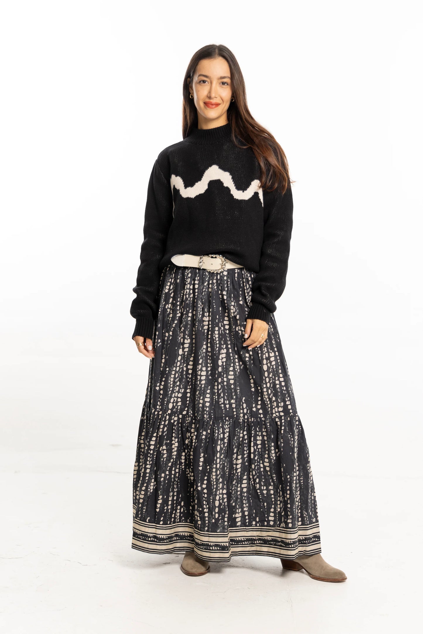 Ariana Printed Maxi Skirt in black pearl by Bindu