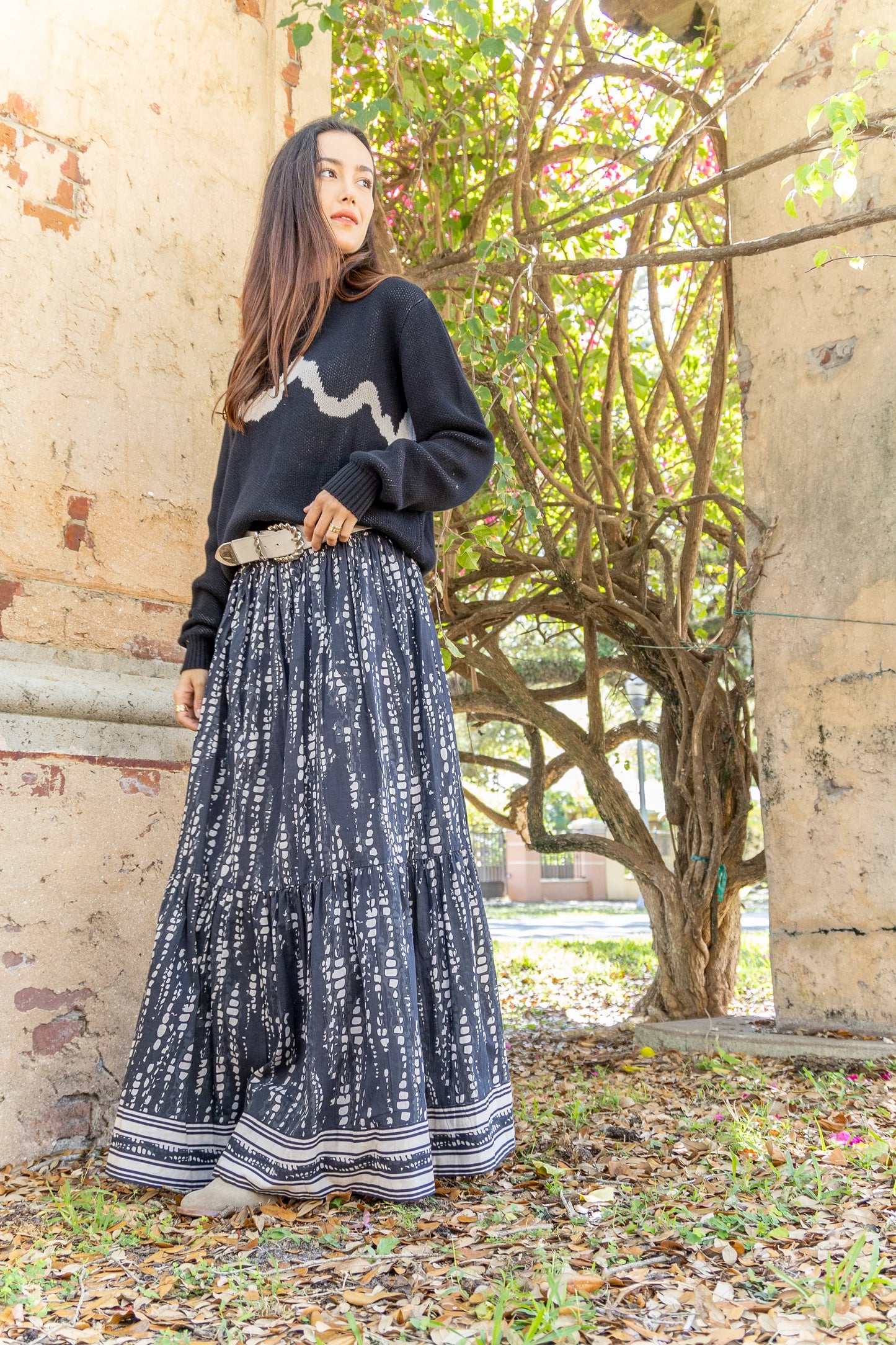 Ariana Printed Maxi Skirt in black pearl by Bindu