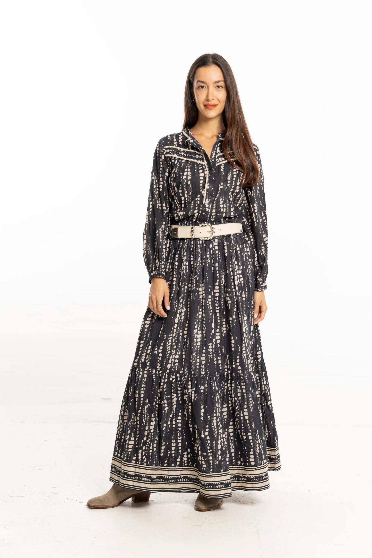 Ariana Printed Maxi Skirt in black pearl by Bindu