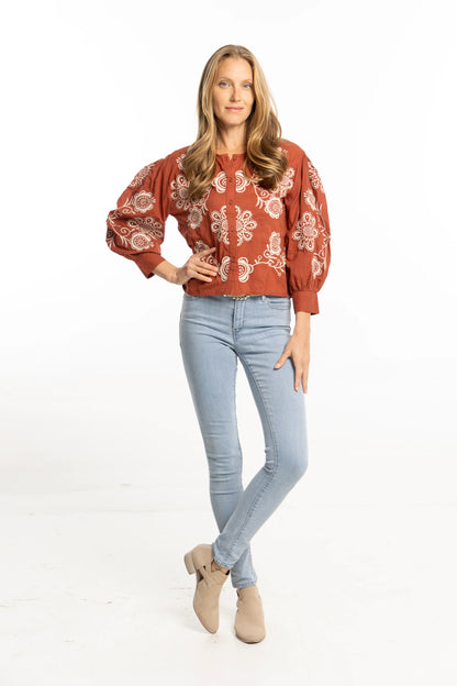 Egla Embroidered Blouse in terracotta by Bindu