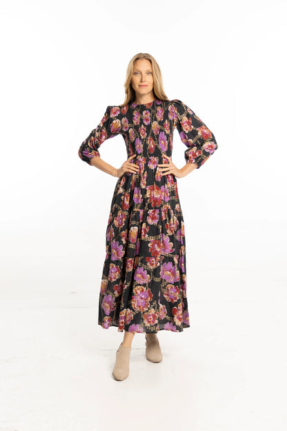 Melinda Smocked Dress in metallic floral by Bindu
