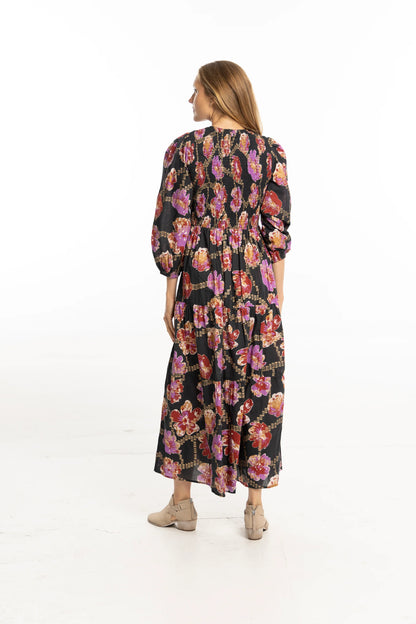 Melinda Smocked Dress in metallic floral by Bindu