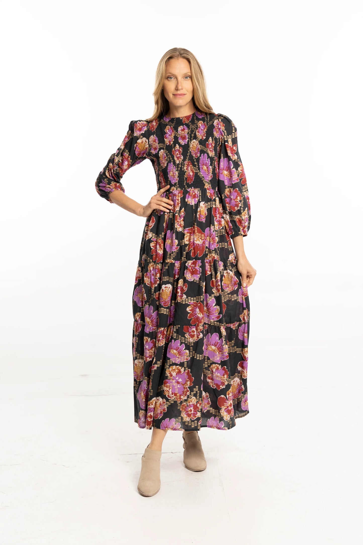 Melinda Smocked Dress in metallic floral by Bindu