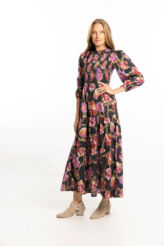 Melinda Smocked Dress in metallic floral by Bindu
