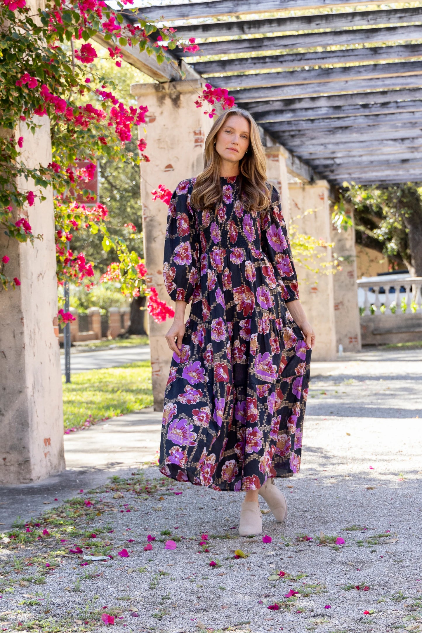 Melinda Smocked Dress in metallic floral by Bindu