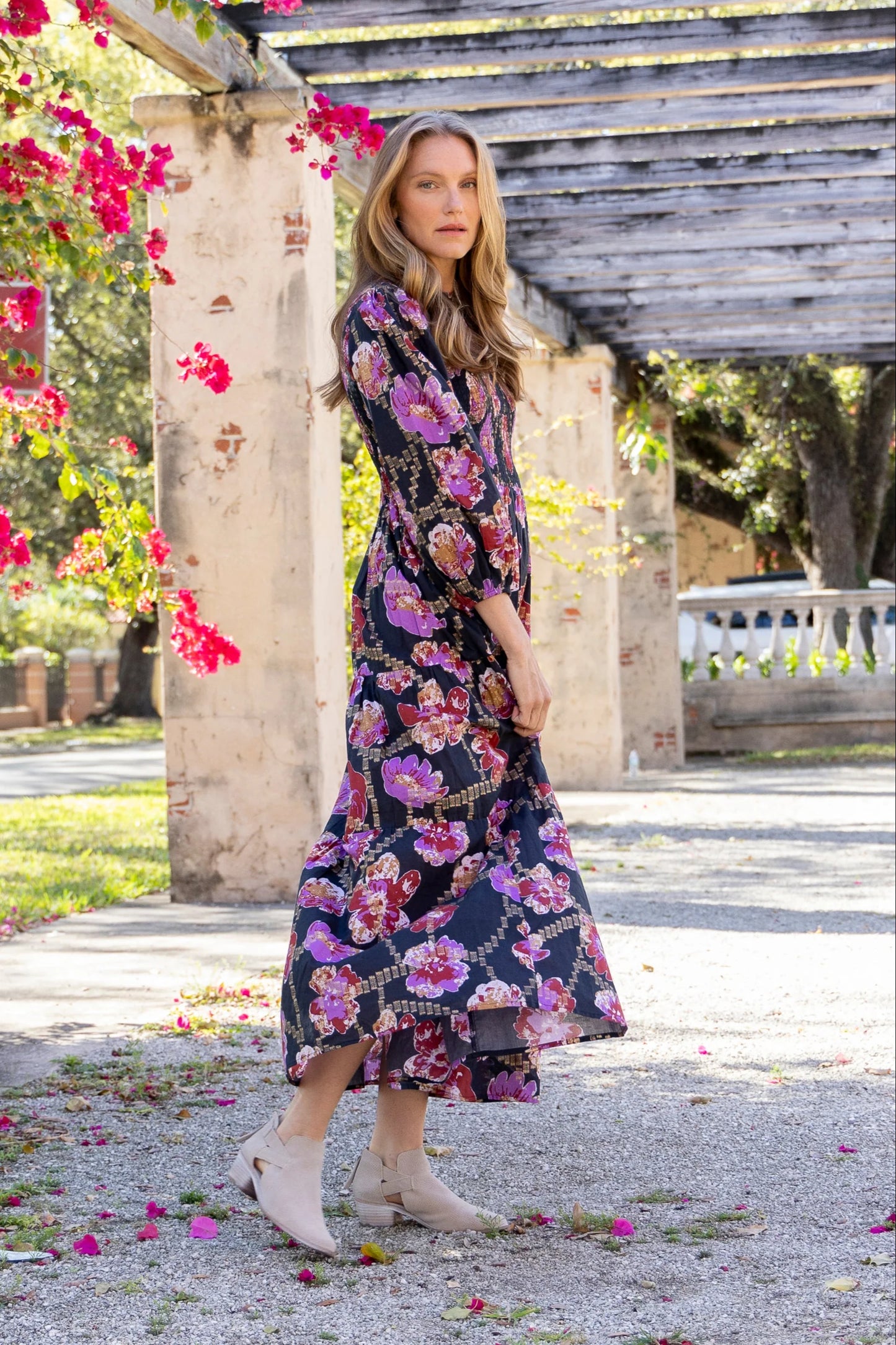 Melinda Smocked Dress in metallic floral by Bindu