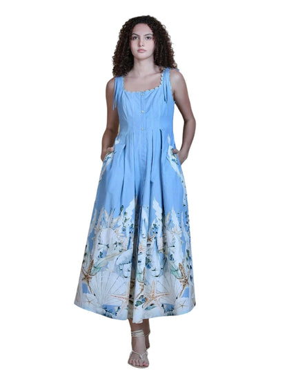 Model wearing blank london midi dress in blue print