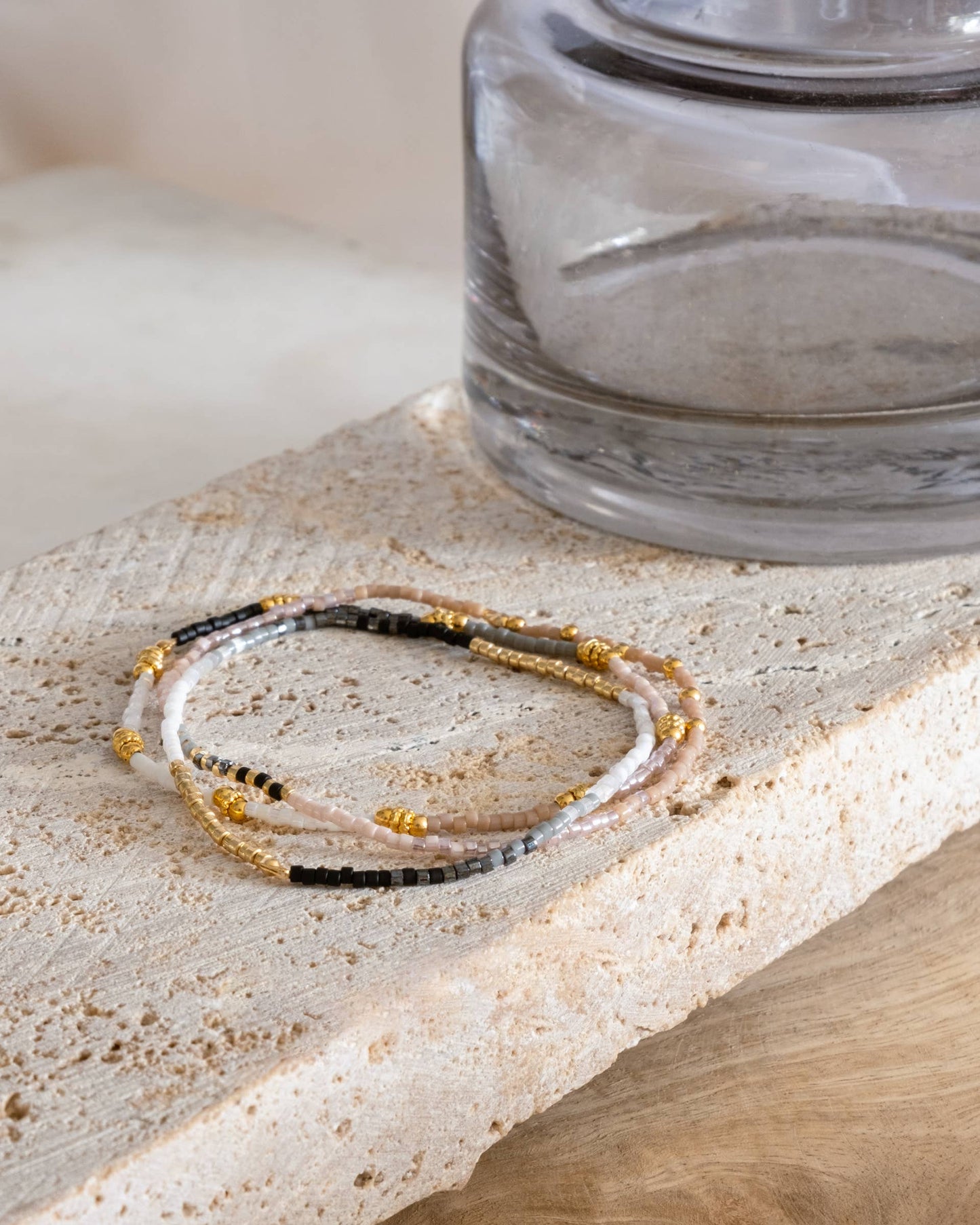 Set/3 Miyuki Beaded Stretch Bracelets (Black/Pink/White)