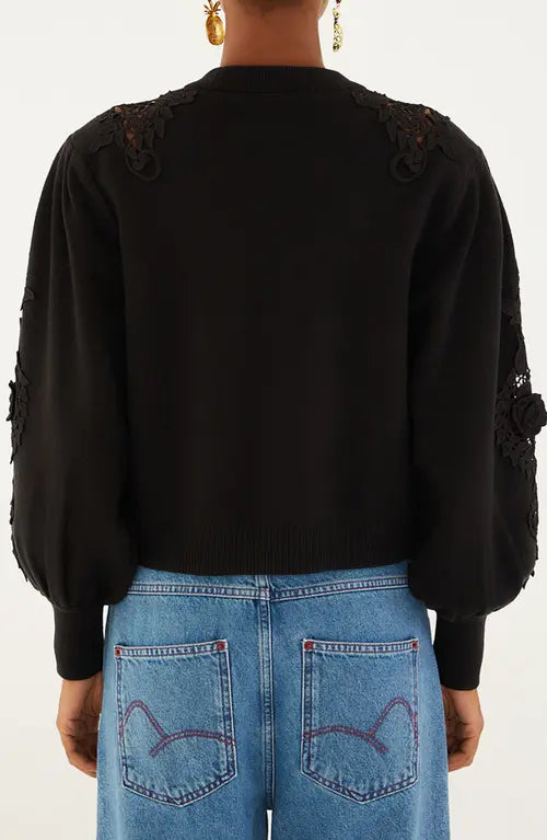 Lace Detail Sweater in black by Farm Rio