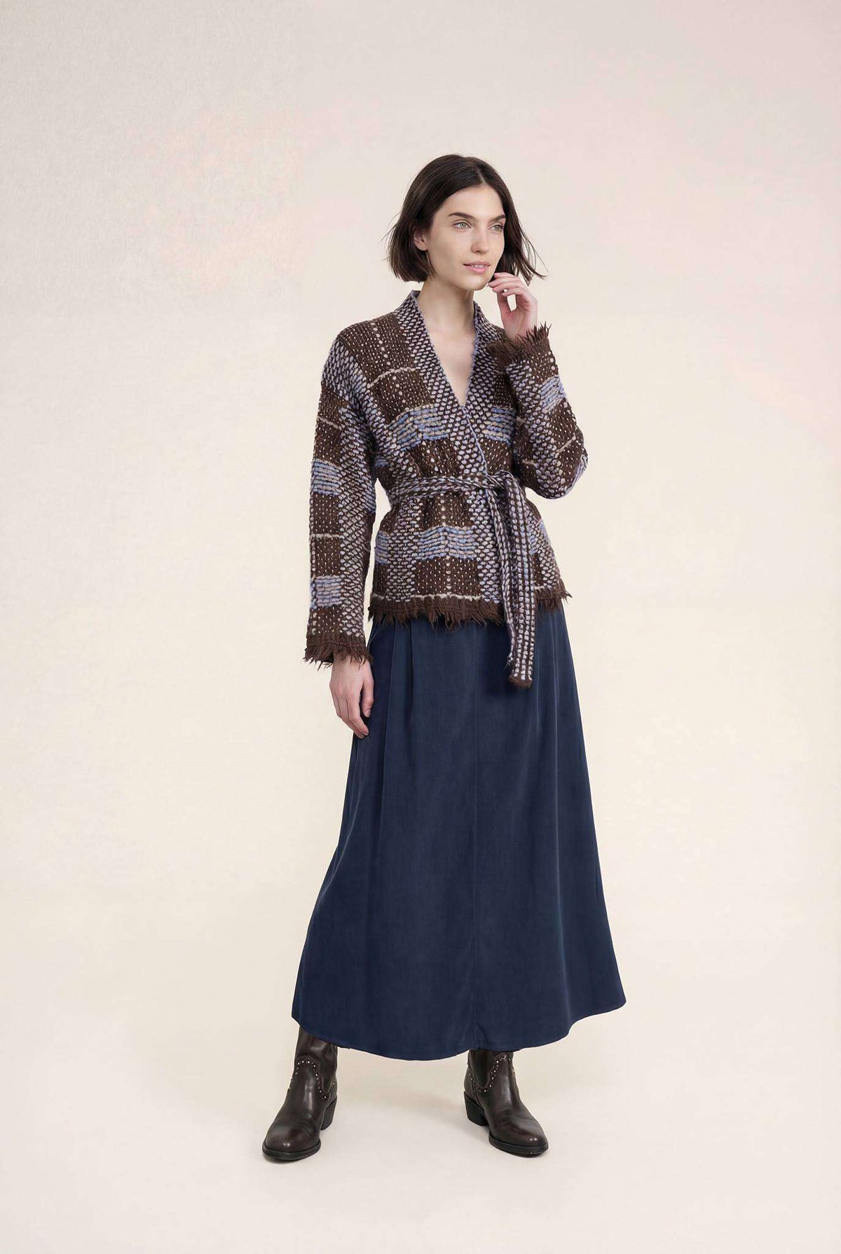 Gingham Cardigan in dark brown by B-YU