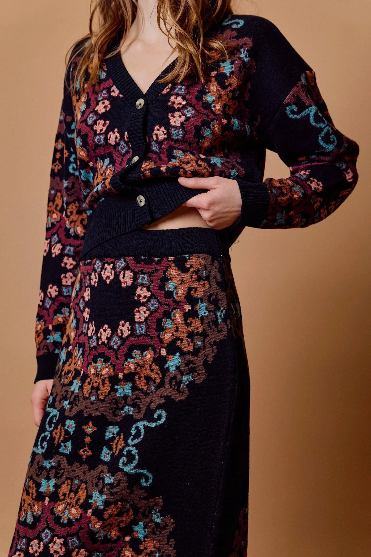 Daphne Sweater Skirt in venezia ebony print by Cleobella