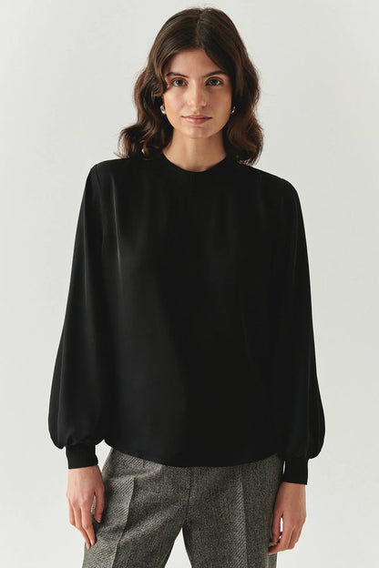 Joelle Long Sleeve High Neck Blouse in black by Exquise