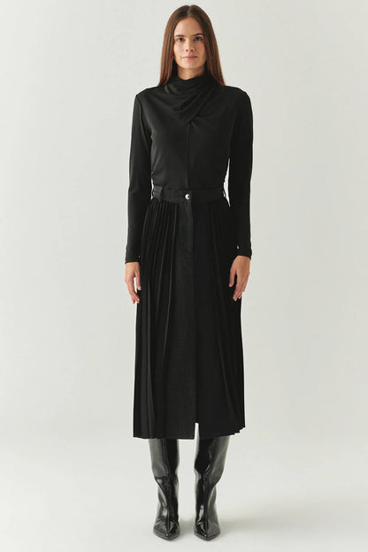 Florence Mixed Material Denim Skirt in black by Exquise