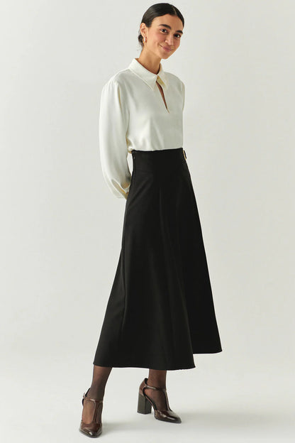 Sol Black Flared Midi Skirt in black by Exquise