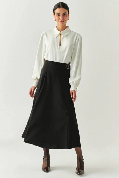 Sol Black Flared Midi Skirt in black by Exquise