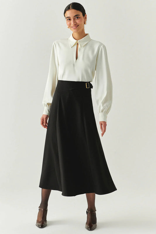 Sol Black Flared Midi Skirt in black by Exquise