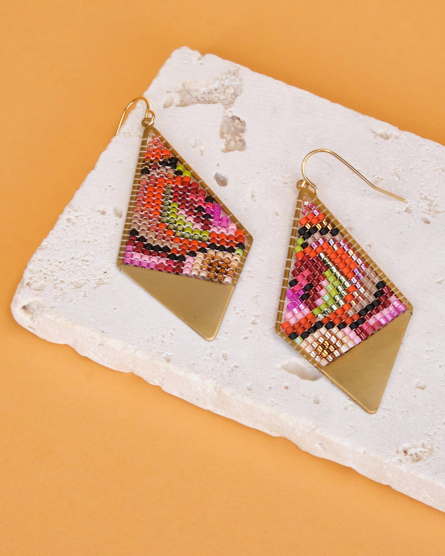 Beaded Handwoven Kaleidoscope Kite Earrings in pink/orange by Mayana