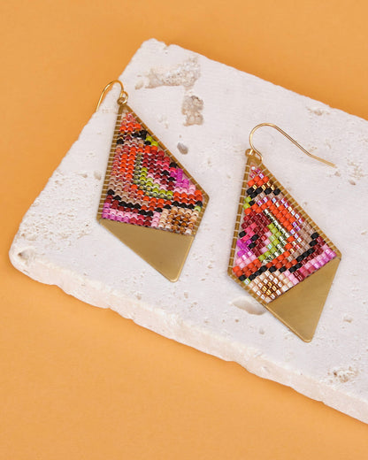 Beaded Handwoven Kaleidoscope Kite Earrings in pink/orange by Mayana