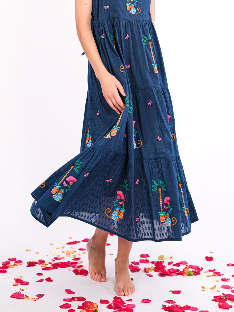 Cornflower Embroidered Monkey Dress in navy by Nimo