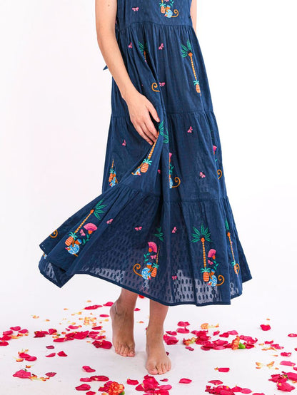 Cornflower Embroidered Monkey Dress in navy by Nimo