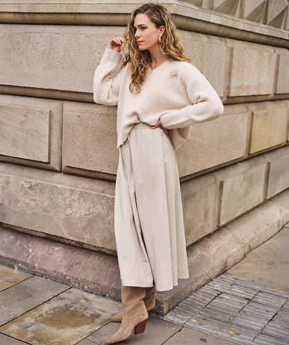 Lightweight Elastic Waist Skirt in light taupe by Esqualo