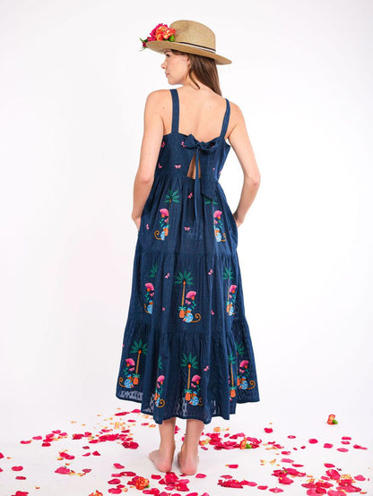 Cornflower Embroidered Monkey Dress in navy by Nimo