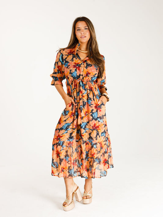 Catherine Georgette Lurex Dress in turquoise flora by Holly Shae