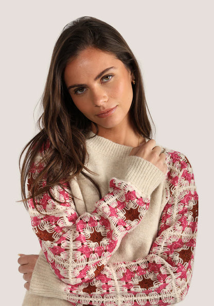 Amelia Crochet Sweater in oatmeal by Dylan