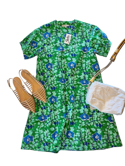 fitzroy and willa clarette dress in sullivans island print styled with spring flats and purse womens spring outfit