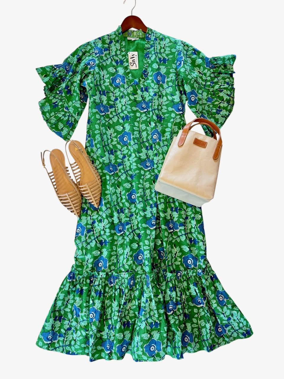Green cotton maxi dress by fitzroy an willa styled with carrano cage flats and summer tote
