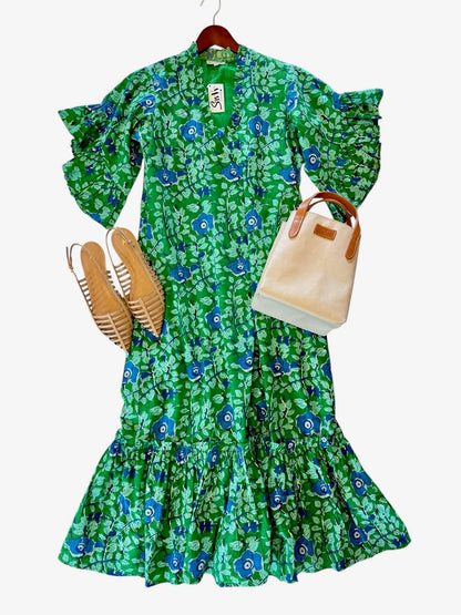 Green cotton maxi dress by fitzroy an willa styled with carrano cage flats and summer tote