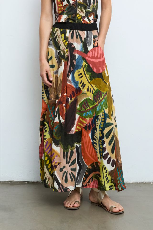 Abstract Printed Midi Skirt in marron by Aldo Martins