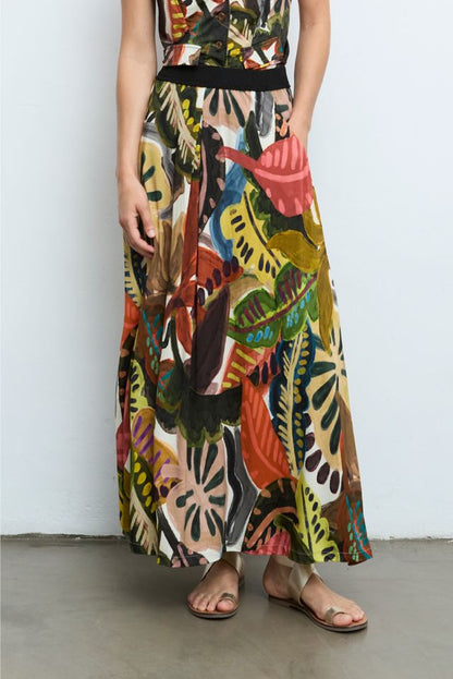 Abstract Printed Midi Skirt in marron by Aldo Martins
