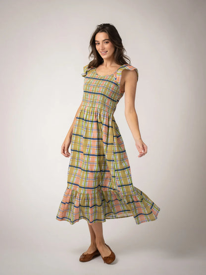 model wearing plaid cotton midi dress with smocking detail 