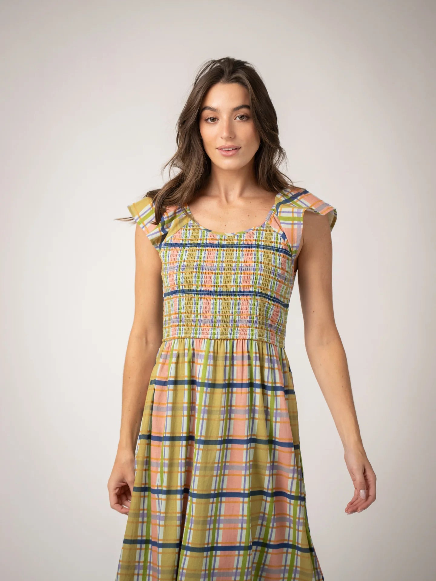 smock detailing on womens plaid summer dress