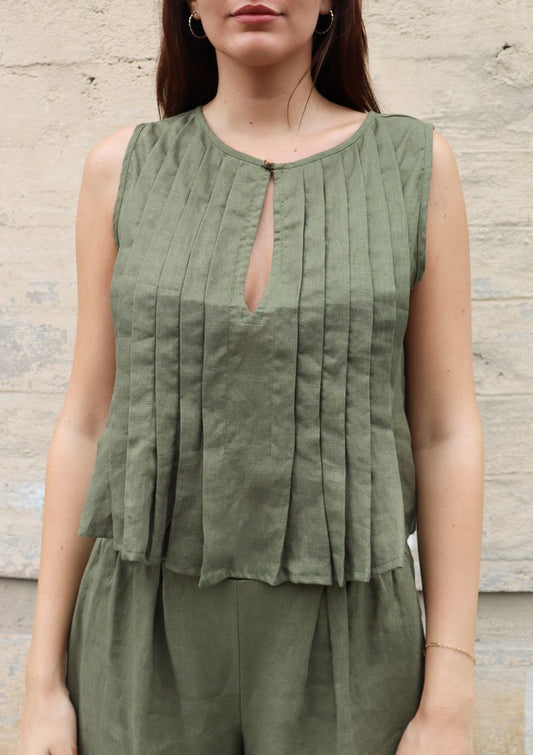 Model wearing bel kazan greta top in sage front view