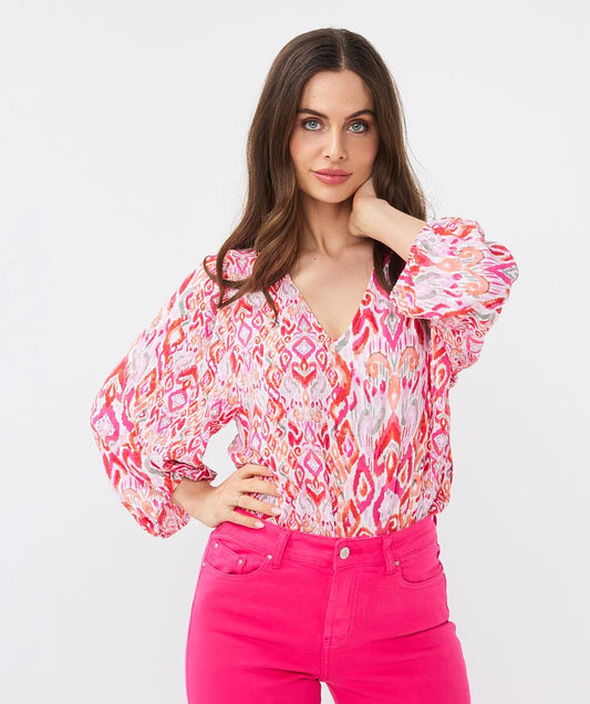 Ikat Wave Printed V Neck Top in pink by Esqualo